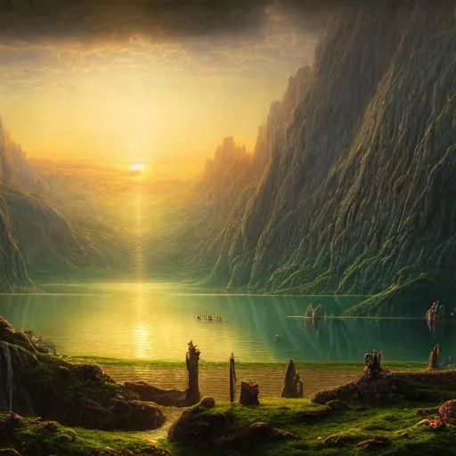 Image similar to a beautiful and highly detailed matte painting of the lost land by a beautiful lake, sunset, celtic, psychedelic, epic scale, insanely complex, hyperdetailed, sharp focus, hyperrealism, artstation, cgsociety, 8 k, bright colors, by caspar friedrich, albert bierstadt, james gurney, brian froud,