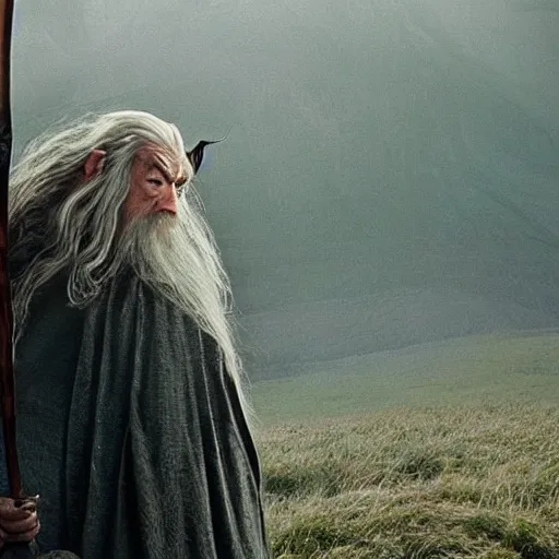 Prompt: a still from “ lord of the rings ” of a head and shoulders portrait of fei lung as a gandalf the wizard with a hat and a wooden staff, photo by phil noto