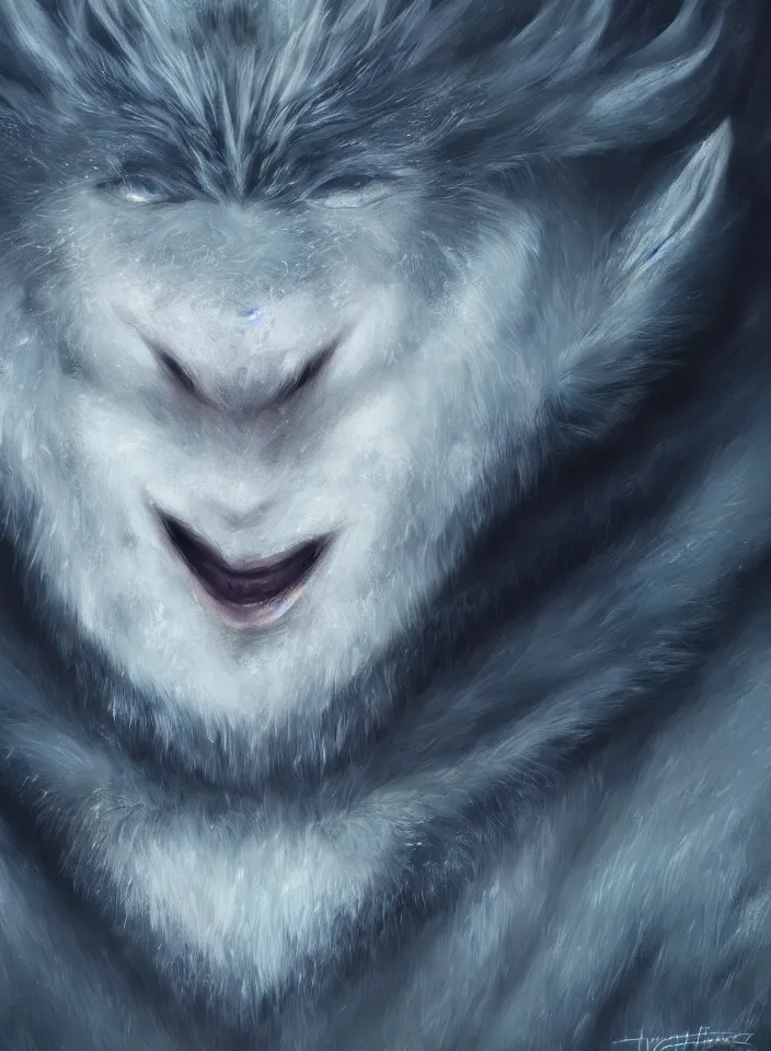 Image similar to a face portrait of a furry ice troll from skyrim, fantasy setting, beautiful face, serene colors, soft lighting, atmospheric, cinematic, moody, in the style of diego koi, gina heyer, luiz escanuela, art by alyssa monk, hyperrealism, rule of thirds, golden ratio, oil on canvas, 8 k