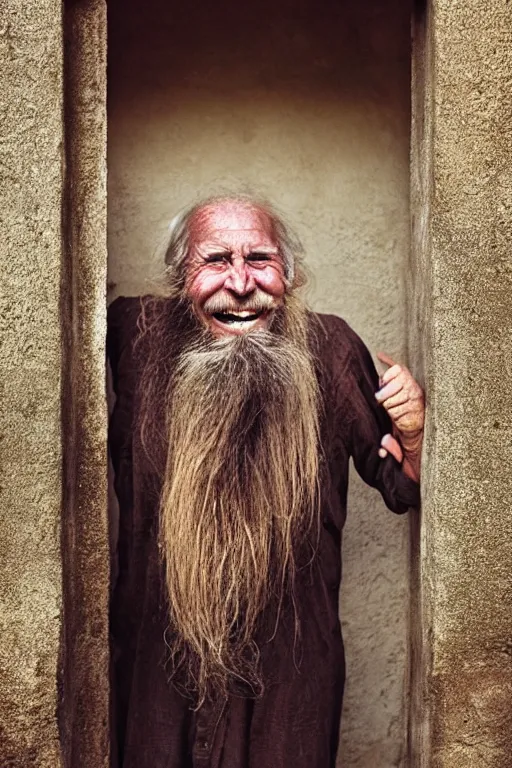 Image similar to a old laughing happy old man with female long hair, long beard, female body, by steve mccurry