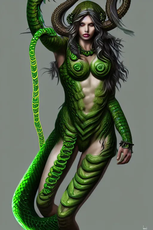 Prompt: beautiful super model gorgon, full body, diablo 4 white skin, euryale, green snake hair, half woman half snake, photorealistic art, symmetrical, trending on artstation, 8 k resolution