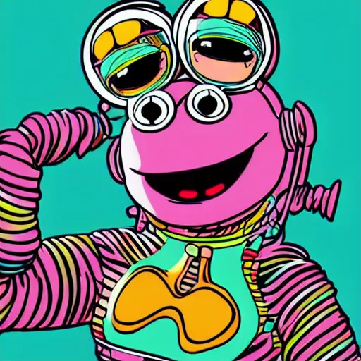 Image similar to artgerm, psychedelic laughing cybertronic muppet - baby, rocking out, headphones dj rave, digital artwork, r. crumb, svg vector