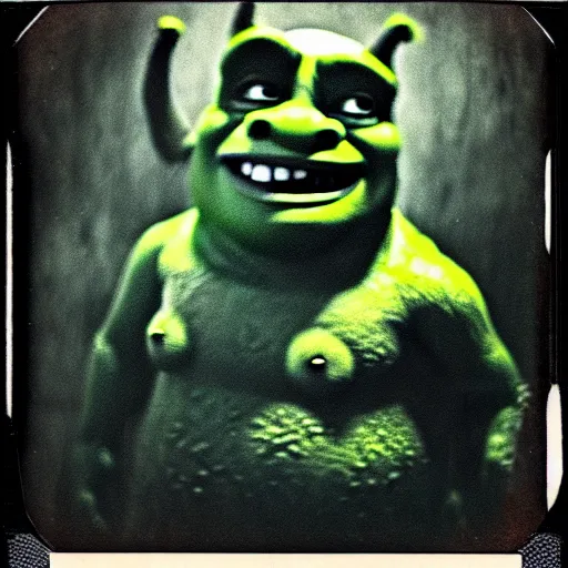 Image similar to horrifying old polaroid of monster shrek staring from the depths of the dark gloomy forest, photo by beksinsky, carpenter, creepy pasta, photorealistic, grainy, found footage, old film, low quality, horror, creepy, unsettling, terrifying