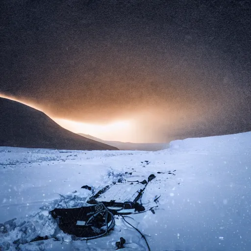 Image similar to dark smoking crash wreckage in far distance in deep canyon in Antarctica, overcast, snow plains, single light source, overhead light, wires, dark, gloomy, cinematic, vray, wreckage, dirty, overhead light, soft light, dark