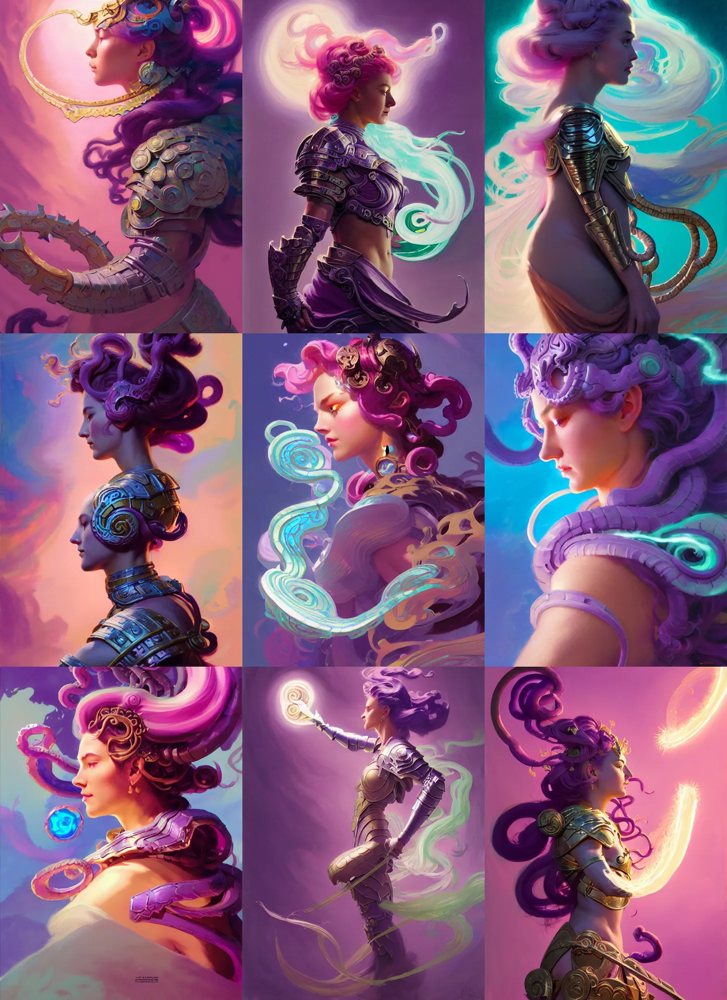 Prompt: side profile, medusa, paladin armor, gloomhaven, luminescent, colorful swirly magic ripples, pastel colors, by greg manchess, huang guangjian, gil elvgren, sachin teng, greg rutkowski, jesper ejsing, ilya kuvshinov