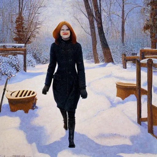 Image similar to emma stone in boots walking to outdoor toilet, winter, russian depression, chthonic, by grant wood, shulzhenko, nikolay kopeykin, lozhkin, vdovenko