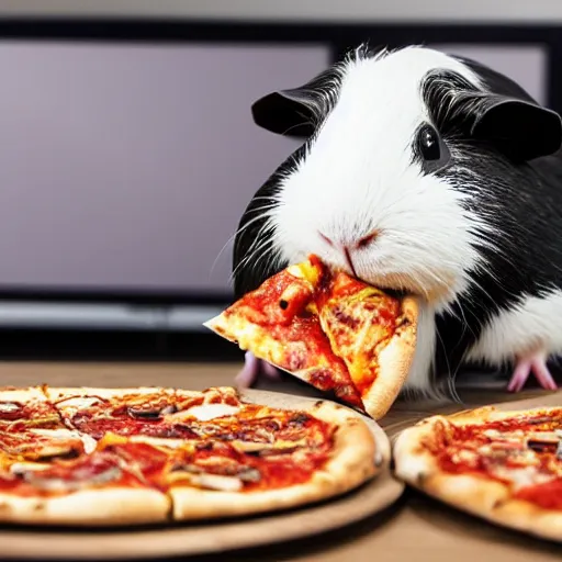 Image similar to A guinea pig eating pizza while watching tv