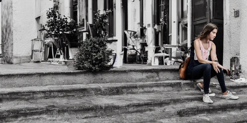 Prompt: bored girl sitting on her front steps watching the world go by, everything in the photo, cars, pedestrians is a blur except the girl sitting on her steps, who is in sharp focus