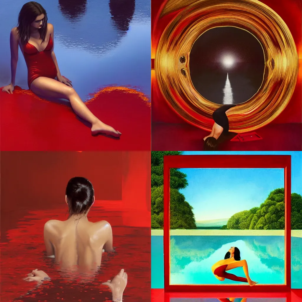 Prompt: Emily Ratajkowski full body laying in a blood red pool of water between a golden mirror frame, outside is space and inside the mirror frame is a beautiful landscape. Hyperrealistic surreal 4K IMAX Rene Margritte intricate, elegant, highly detailed, digital painting, artstation, concept art, smooth, sharp focus, illustration, art by artgerm and greg rutkowski and alphonse mucha