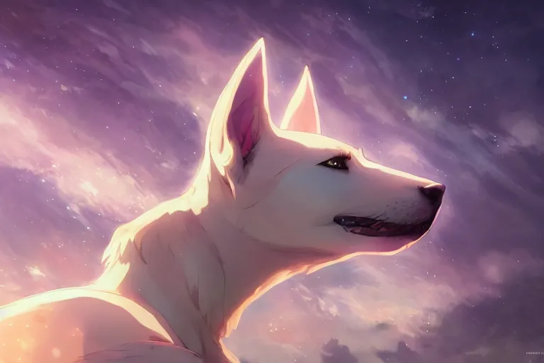 Prompt: blue eyed celestial dog, single subject, scenic full shot, ambient lighting, detailed face, by makoto shinkai, stanley artgerm lau, wlop, rossdraws