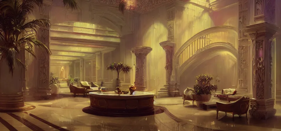 Image similar to vaporwave ombre detailed luxury hotel lobby. highly detailed, digital painting, artstation, concept art, smooth, sharp focus, illustration, ed hopper, chris moore. artgerm, tomasz alen kopera, peter mohrbacher, donato giancola, joseph christian leyendecker, wlop, boris vallejo