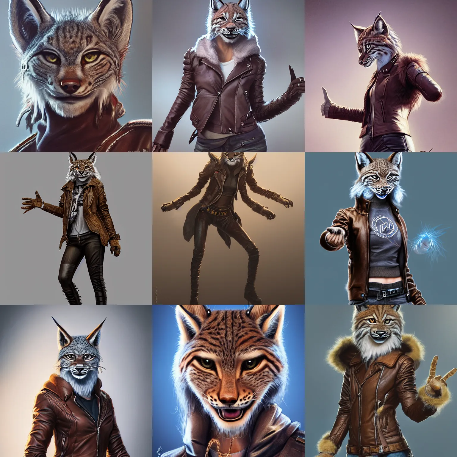 Prompt: an anthropomorphic lynx, showing peace sign towards camera, leather jacket, fursona, 3 d render, hyper - realistic detailed portrait, fantasy, magic the gathering, hyper detailed, octane render, concept art, wlop, artgerm, greg rutkowski