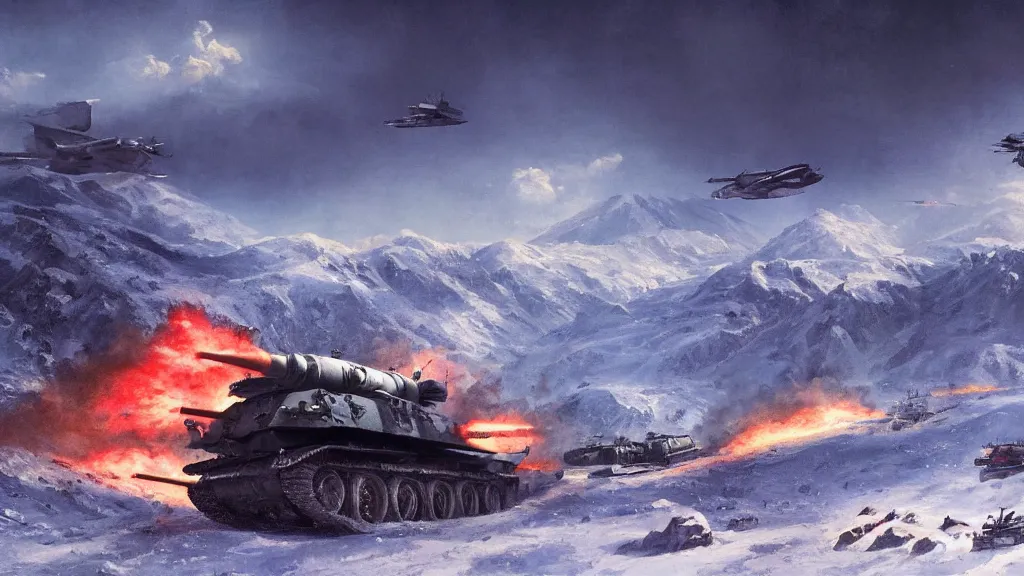 Image similar to snowy mountain, second world war fighting against ufo, aliens, tanks, jet fighters, missiles, with anti aircraft guns, with fire and smoke in the background by eugene von guerard, ivan shishkin, dramatic lighting, concept art, trending on artstation, 8 k