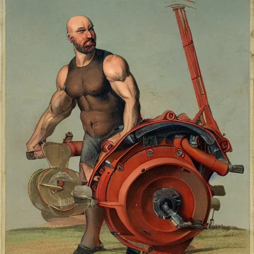 Image similar to a muscular bald man carrying engines on his back, technical diagram