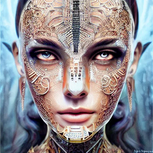 Image similar to a robotic goddess, jewelry skin, highly detailed, digital painting, smooth, sharp, beautiful face, expressive eyes, highly intricate, art by greg rutkowski and alex gray