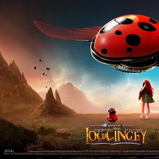 Image similar to promotional movie still, ladybug futuristic ( ( descendants ) ), ladybug quadruped with big rgb eyes, huge ladybug mothership, space western, dramatic lighting, the fellowship of the ring ( film ) genre.