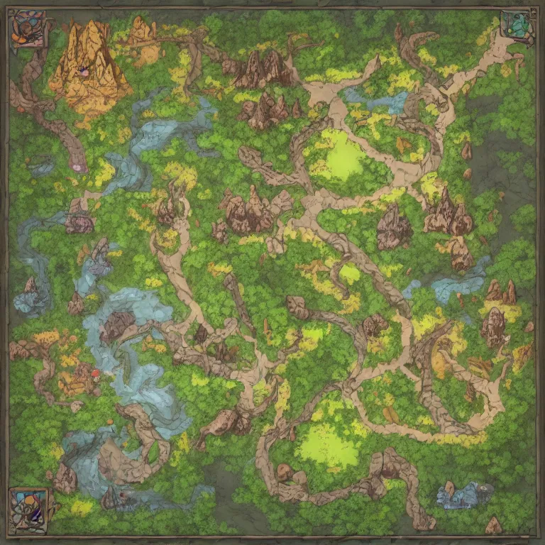 Image similar to full - color fantasy game map of a woodland clearing, battle map, grid, made with dungeondraft, d & d, pathfinder, by jeff todd and greg rutkowski, trending on artstation, pinterest