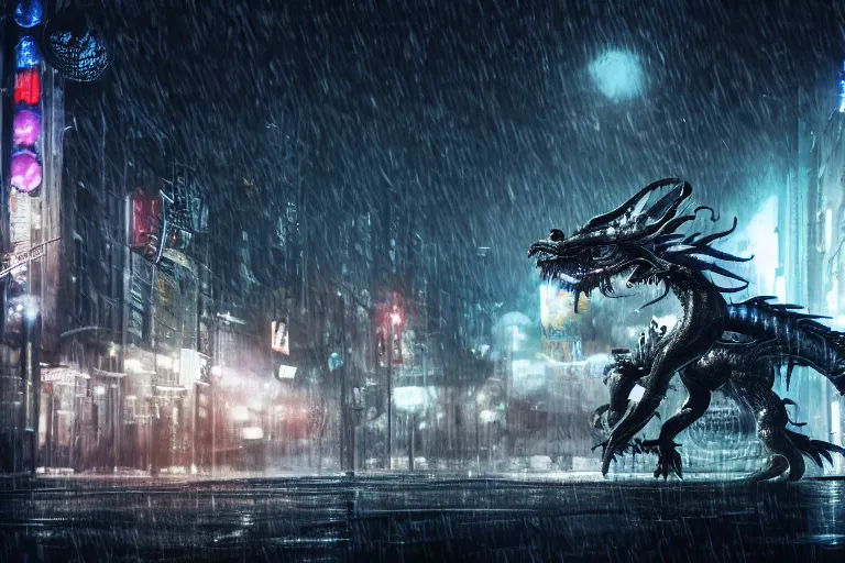 Prompt: cinematic wide angle shot of a silver cybernectic chinese dragon in the rain, midnight city lights, strong bokeh, dramatic lighting, unreal engine, cgsociety, artstation, 4k