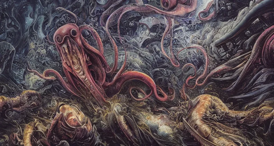 Prompt: ultra detailed render of giant squid attacks city, low angle, tentacles, fire, smoke, debris, crumbling, octane render, 8 k, dramatic lighting, by nychos, by umberto boccioni, by dan hillier, by h. r. giger