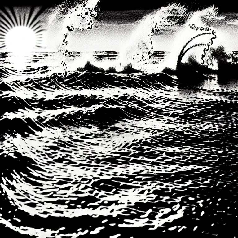 Prompt: corn floating in ocean, waves, sunrise, vintage coutry style, black and white, detailed