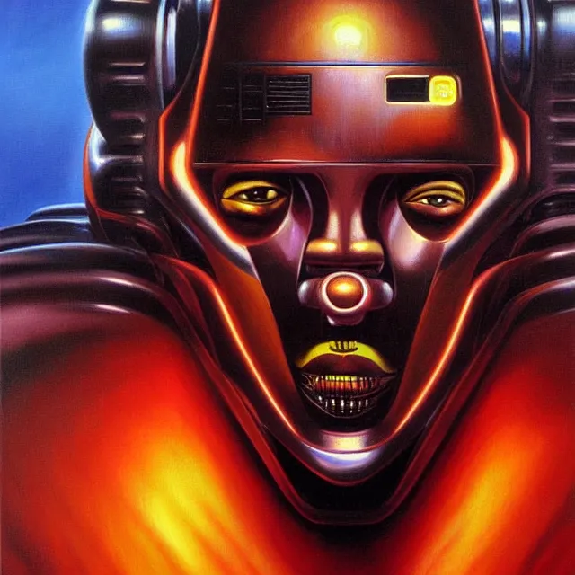 Image similar to a beautiful painting cyberpunk robot eddie murphy face, by boris vallejo realistic oil painting