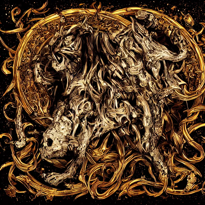 Image similar to photo of skull of wolf, lying on bones, dramatic lighting, circural, golden ornaments, symmetric, intricate skeletal decorations, symmetry, highly detailed, concept art, black, red, white, gold layers, centered, style of nekroxiii, hyperrealistic, dark background, smoke