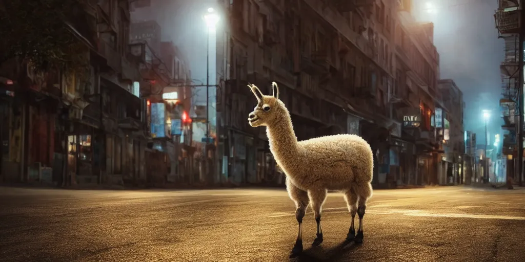 Prompt: a llama walking through a desolate city street at night, realistic 4 k octane beautifully detailed render, 4 k post - processing, highly detailed, intricate complexity, epic composition, magical atmosphere, cinematic lighting, masterpiece, ultra hd