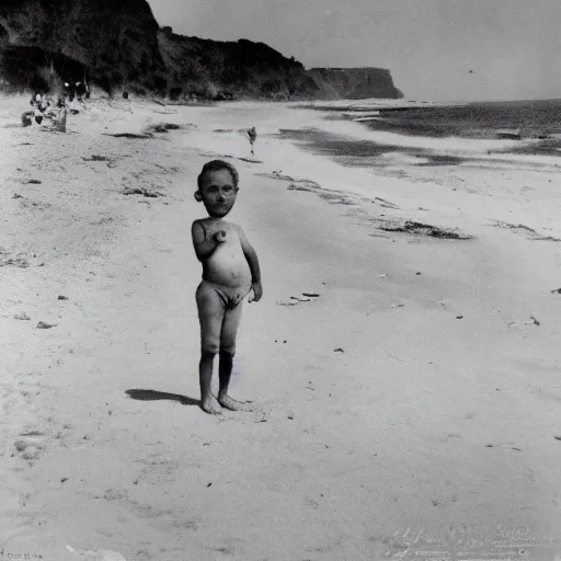 Prompt: child on the beach, old photo, late 19th century, colorized b&w photo