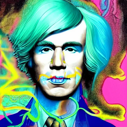 Image similar to An extremely psychedelic portrait of Andy Warhol, surreal, LSD, face, detailed, intricate, elegant, lithe, highly detailed, digital painting, artstation, concept art, smooth, sharp, magical, Occult, focus, illustration