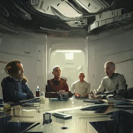 Image similar to illustration of a meeting between elon musk, mark zuckerberg, jeff bezos, very detailled, by artgem, greg rutkowski