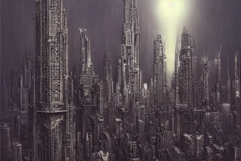 Image similar to Bangkok cityscape by HR Giger and Zdzislaw Beksinski, gothic, galactic, oil on canvas, artstation, dramatic scenery, masterpiece, aesthetic