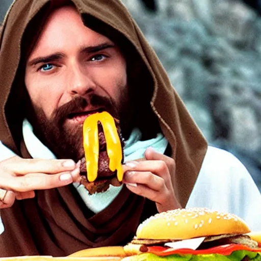 Prompt: jesus of nazareth eating at burger king