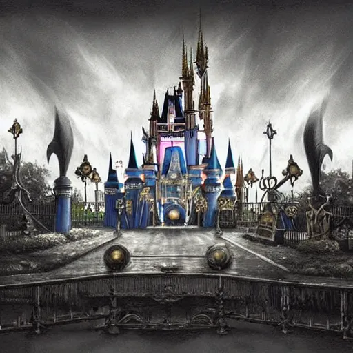 Prompt: Disney World, surrealist, dark, wicked, evil, twisted and bad concept art