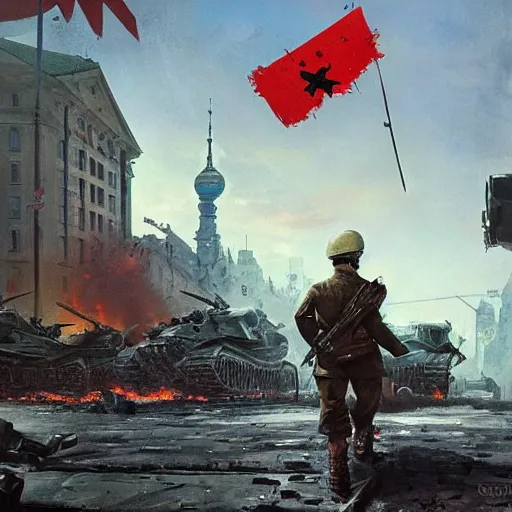 Image similar to berlin been destroyed by the soviet arteries in 1 9 4 4 in one of the soviet armies raising the soviet flag in the background by greg rutkowski