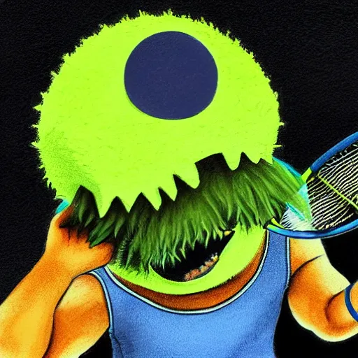 Image similar to a tennis ball monster, tennis ball, dark, chalky, referee, whistle, digital art, fantasy, magic, trending on artstation, ultra detailed, professional illustration by Basil Gogos