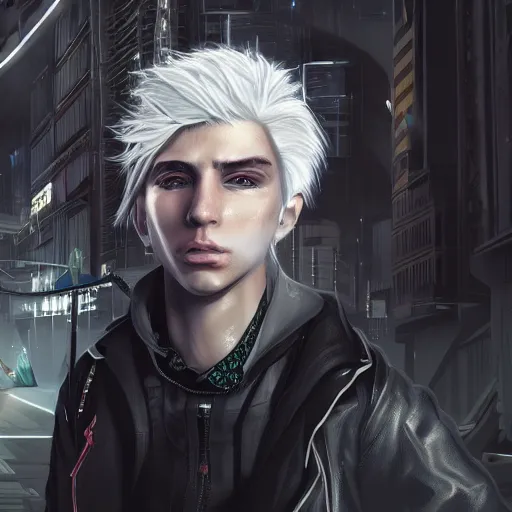 Prompt: boy with white hair in a cyberpunk world, and mechanical buildings, artstation, digital art, highly detailed, intricate, unreal engine, fine detail, smooth, sharp focus, detailed face