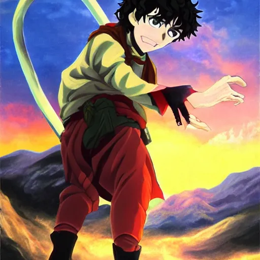 Prompt: anime key visual of frodo climbing mount doom, acrylic painting, jm animation