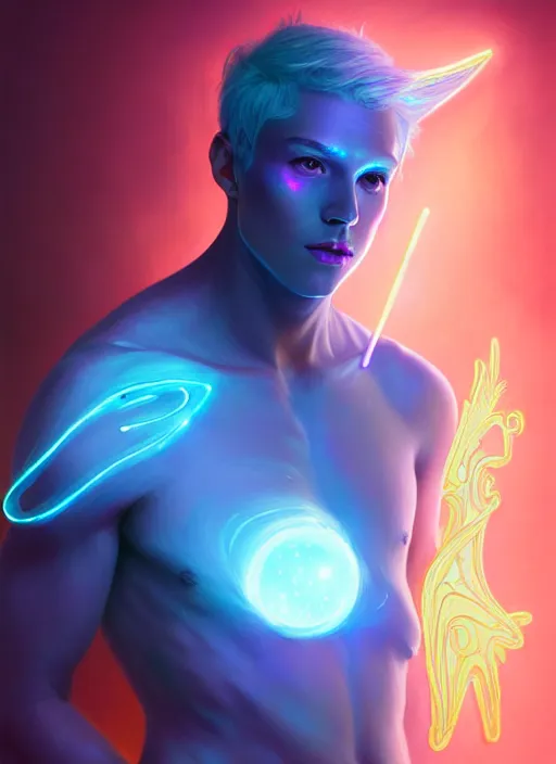 Image similar to a male faceless glowing liquefied stardust adventurer, dnd fantasy character, full body portrait, glowing neon skin, magical aura, ultra realistic, intricate, elegant, highly detailed, digital painting, artstation, smooth, sharp, focus, illustration, art by artgerm and greg rutkowski and alphonse mucha