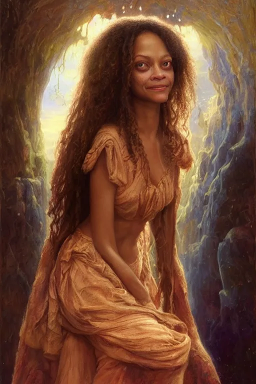 Image similar to Zoe Saldana, looking at the viewer, in the style of Lilia Alvarado, Sophie Anderson, Mark Arian, Bob Byerley, Charlie Bowater, Mark Brooks, Steve Henderson, Justin Gerard, Arthur Hughes, Edward Robert Hughes, Mark Keathley, Victor Nizovtsev, Carlos Shwabe, Ross Tran, WLOP