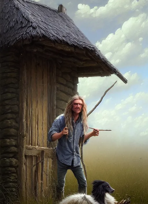 Image similar to highly detailed hyperrealistic painting of a blonde long - haired hillbilly standing in front of old rough house holding a stick, with his fluffy black and gray australian shepherd, bonfire, stephen bliss, art by greg rutkowski, loish, rhads, ferdinand knab, makoto shinkai and lois van baarle, tom bagshaw, global illumination, artstation