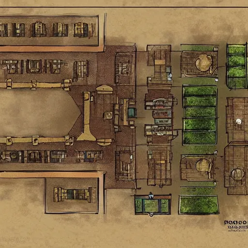 Image similar to full - color floor plan of a fantasy tavern, by greg rutkowski and james gurney, trending on artstation