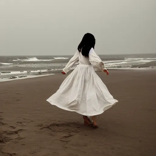 Image similar to lonely wonderful lady with a white large magnificent more and more vaporous ,wrapped ,hight decorated,detailed ,white roses cotton dress is moving in the sand near the ocean, during lightning storm, her face is visible , 8k