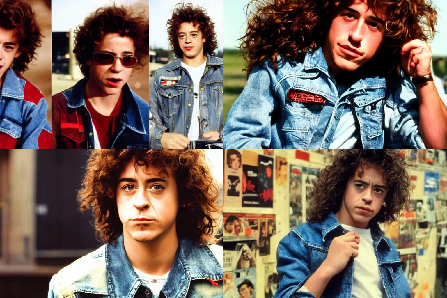 Prompt: young teenage robert downey jr cosplaying as eddie van halen with long curly hair and a jean jacket, film still,