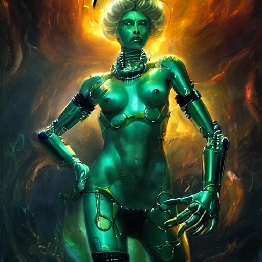 Image similar to medusa as a cybernetic being by raymond swanland, highly detailed, bright tones