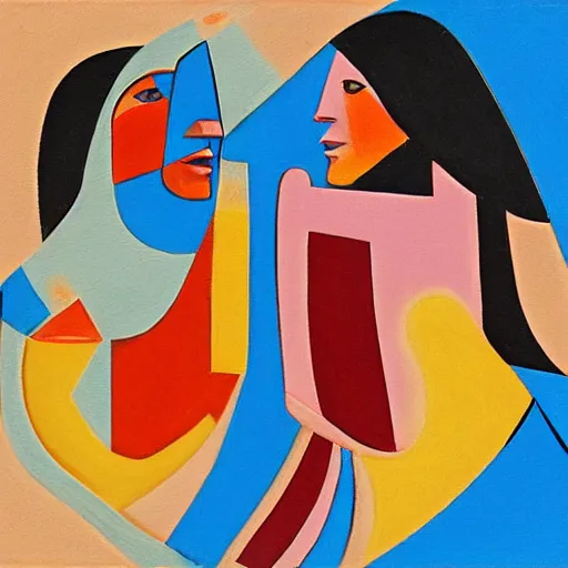 Prompt: two Native American Women in the moonlight dancing by the ocean , high quality art in the style of cubism and georgia o’keefe