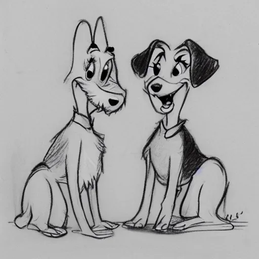 Image similar to milt kahl pencil sketch of happy mini schnauzer cartoon lady and the tramp style