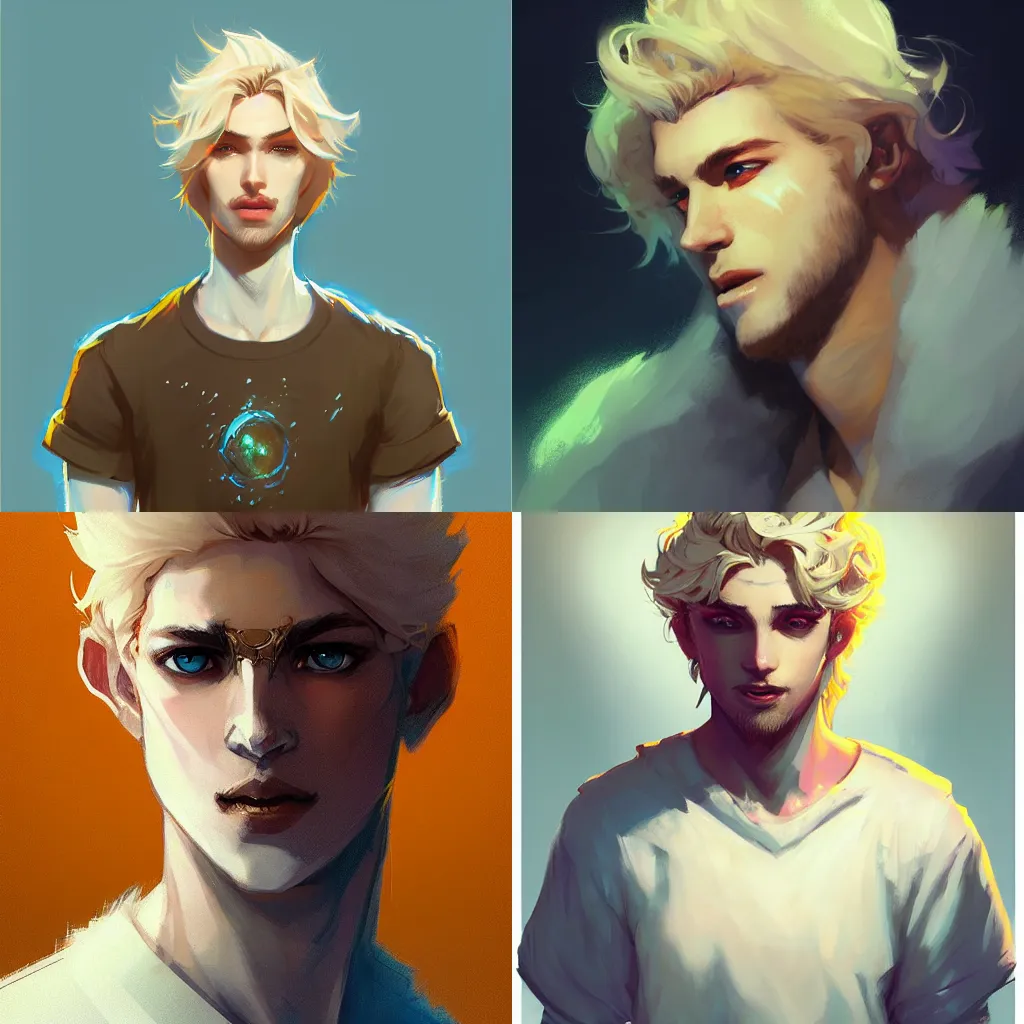 Prompt: a pretty pale androgynous opal prince with fluffy blond hair wearing a white poet shirt, character design concept, cgsociety, by Gustave Repin and Dan Mumford, artstation