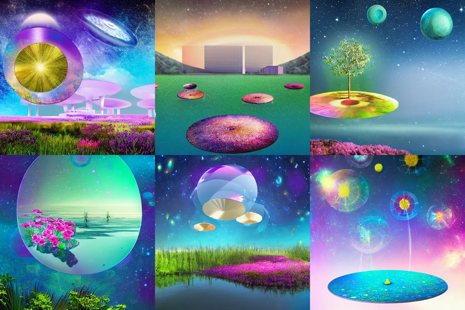 Prompt: disc shaped land with modern architecture, land is floating on water, iridescent flowers with galaxy background, fantasy, surrealist