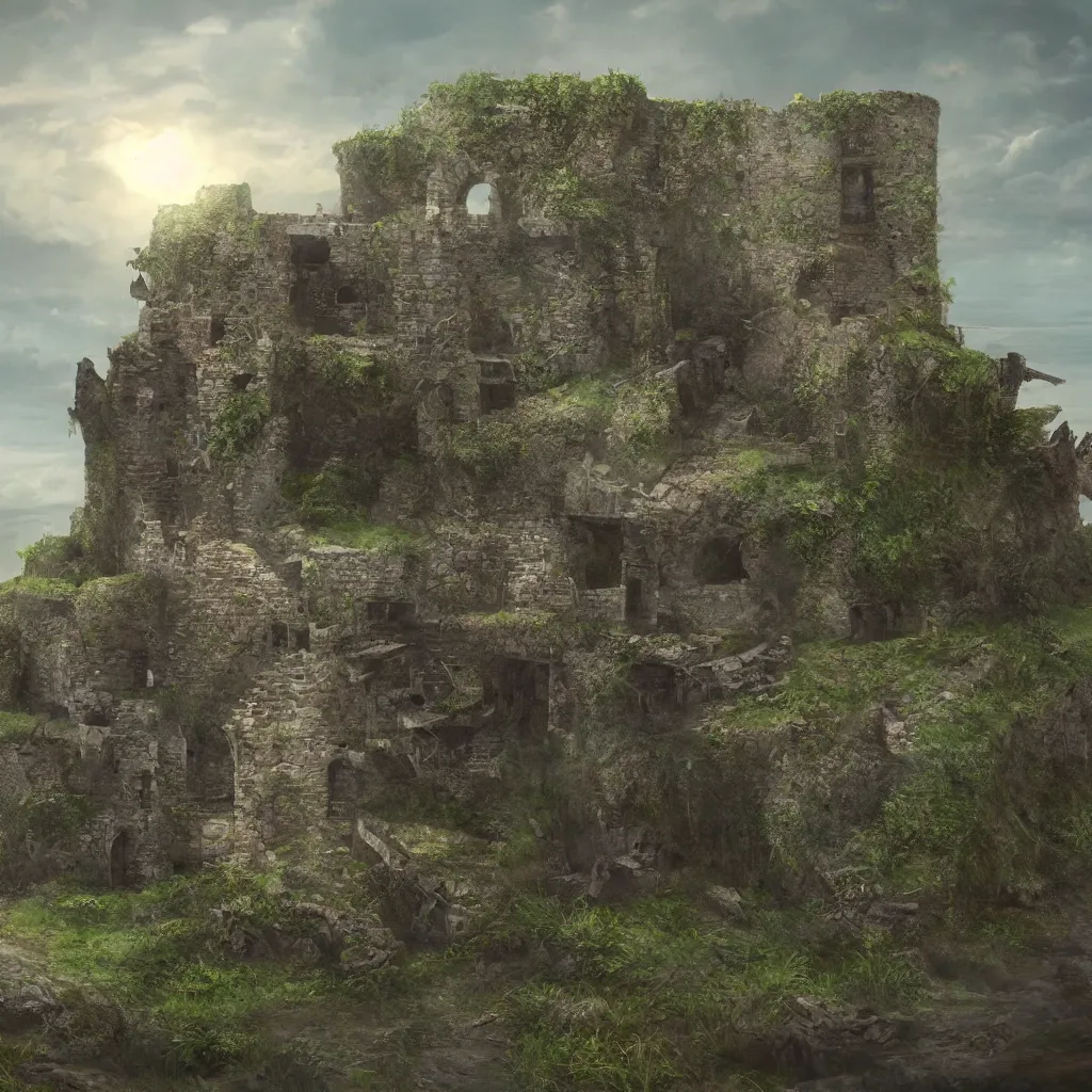 Image similar to looking up at a ruined castle on a small island only reachable by a small land bridge, 8 k, ultra realistic cinematic, intricate, cinematic light, concept art, illustration, art station