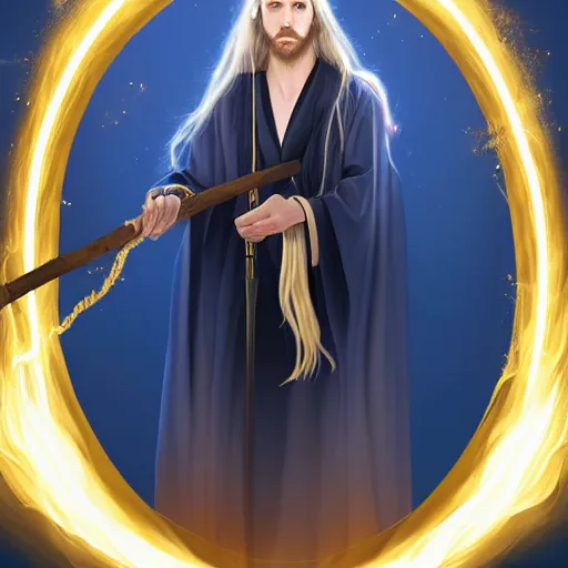 Prompt: A portrait of a young well kept wizard with a long blonde ponytail in a navy blue robe with gold accents, he holds a staff of light with a bright crystal, digital art, trending on artstation